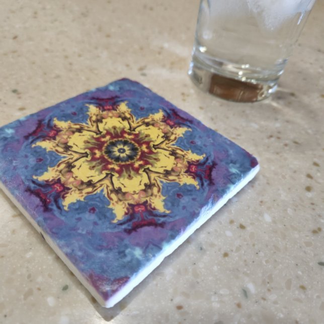 Psychedelic Mandala Flower Blue och Gult Stenunderlägg (Skapare uppladdad)