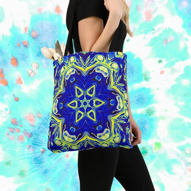 Psychedelic Mandala Flower Blue och Gult Tygkasse (Skapare uppladdad)
