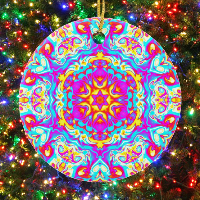 Psychedelic Mandala Flower Blue Rosa and Gult Julgransprydnad Keramik (Skapare uppladdad)