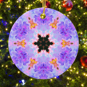 Psychedelic Mandala Flower Blue Rosa and Gult Julgransprydnad Keramik