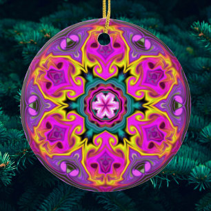 Psychedelic Mandala Flower Blue Rosa and Gult Julgransprydnad Keramik