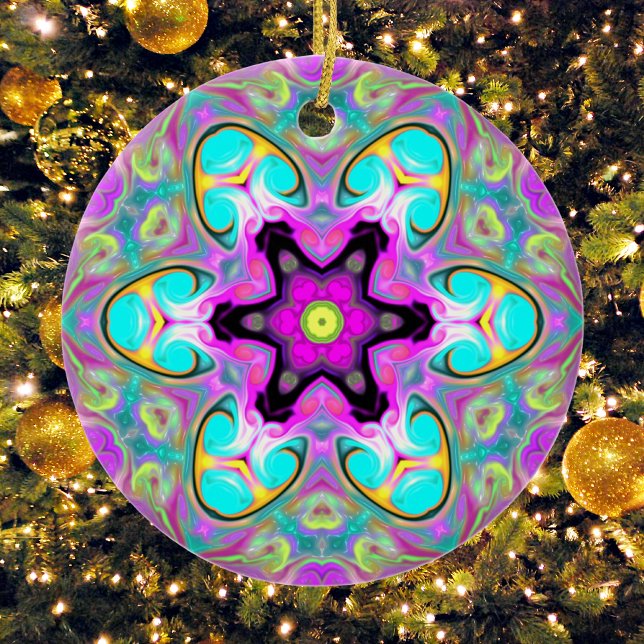 Psychedelic Mandala Flower Blue Rosa and Gult Julgransprydnad Keramik (Skapare uppladdad)