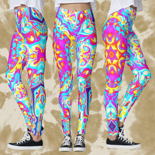 Psychedelic Mandala Flower Blue Rosa and Gult Leggings