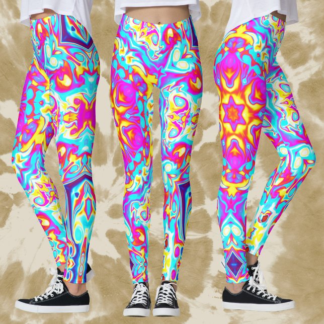 Psychedelic Mandala Flower Blue Rosa and Gult Leggings (Skapare uppladdad)