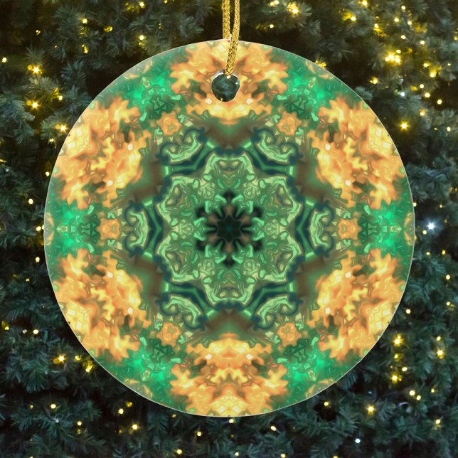 Psychedelic Mandala Flower Grönt and Gult Julgransprydnad Keramik (Skapare uppladdad)