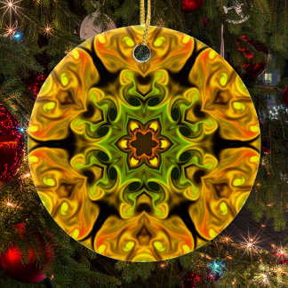 Psychedelic Mandala Flower Grönt and Gult Julgransprydnad Keramik