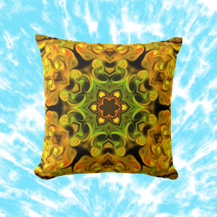 Psychedelic Mandala Flower Grönt and Gult Kudde