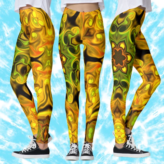 Psychedelic Mandala Flower Grönt and Gult Leggings (Skapare uppladdad)