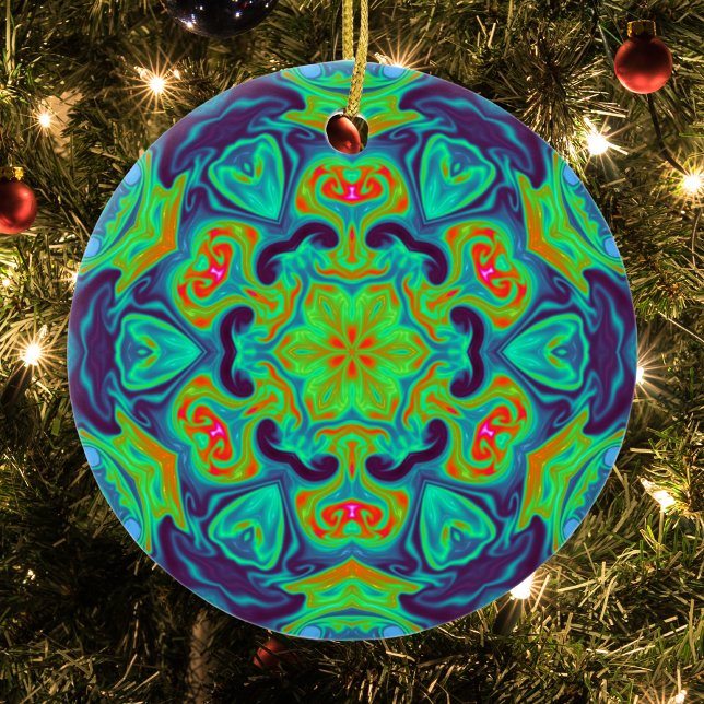 Psychedelic Mandala Flower Grönt Blue och Red Julgransprydnad Keramik (Skapare uppladdad)