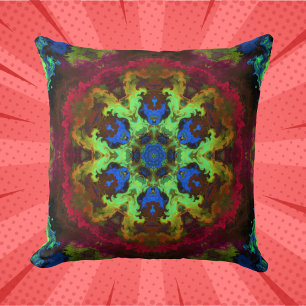 Psychedelic Mandala Flower Grönt Blue och Red Kudde