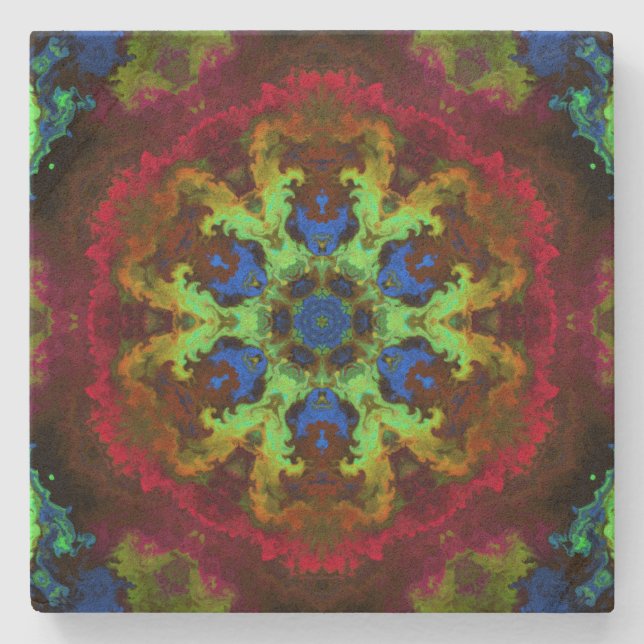 Psychedelic Mandala Flower Grönt Blue och Red Stenunderlägg (Framsidan)