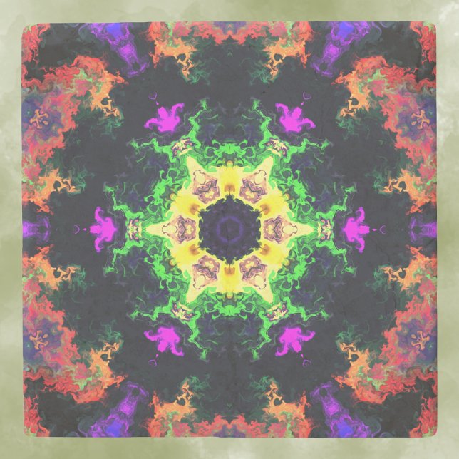 Psychedelic Mandala Flower Grönt Lila and Gult Stenunderlägg (Skapare uppladdad)