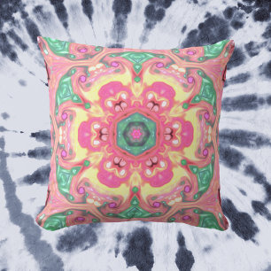 Psychedelic Mandala Flower Grönt Rosa and Gult Kudde