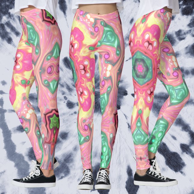 Psychedelic Mandala Flower Grönt Rosa and Gult Leggings (Skapare uppladdad)