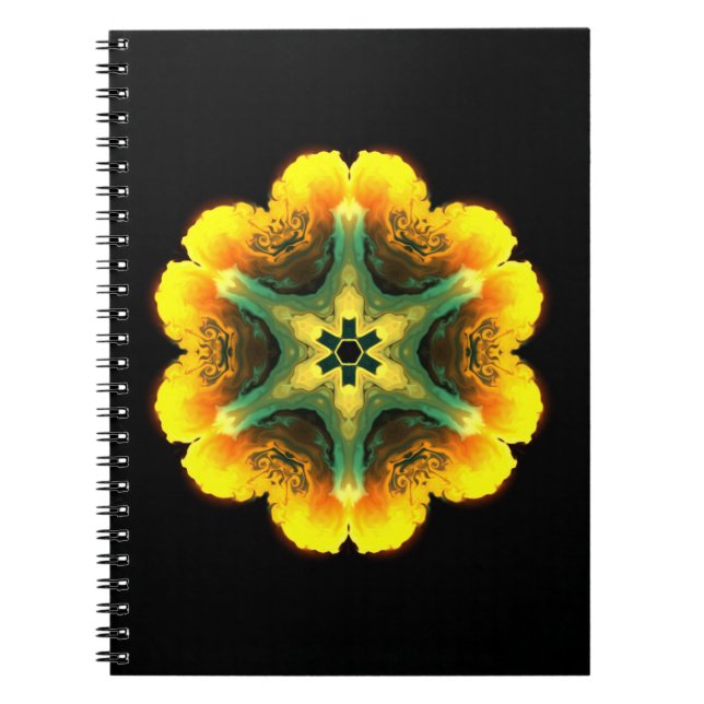 Psychedelic Mandala Flower Gult and Black Anteckningsbok (Framsidan)