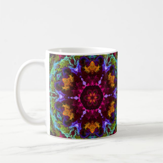 Psychedelic Mandala Flower Lila Orange and Grönt Kaffemugg (Vänster)