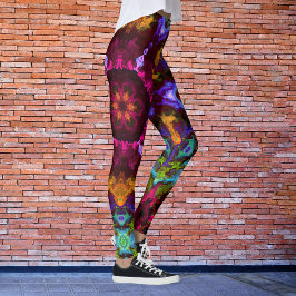 Psychedelic Mandala Flower Lila Orange and Grönt Leggings