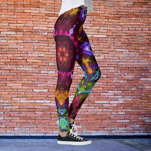 Psychedelic Mandala Flower Lila Orange and Grönt Leggings