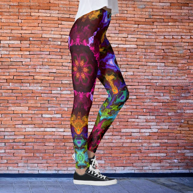 Psychedelic Mandala Flower Lila Orange and Grönt Leggings (Skapare uppladdad)