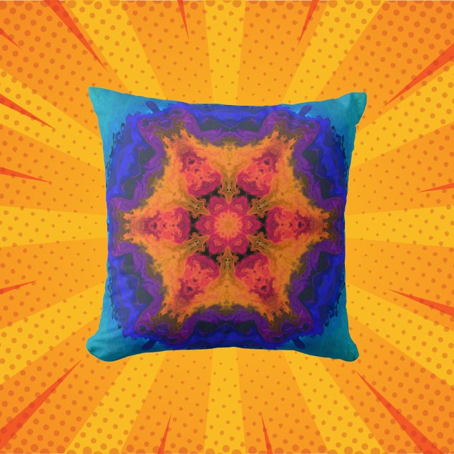 Psychedelic Mandala Flower Orange Red and Blue Kudde (Skapare uppladdad)