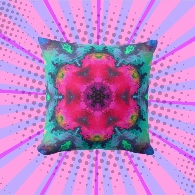 Psychedelic Mandala Flower Rosa and Blue Kudde (Skapare uppladdad)