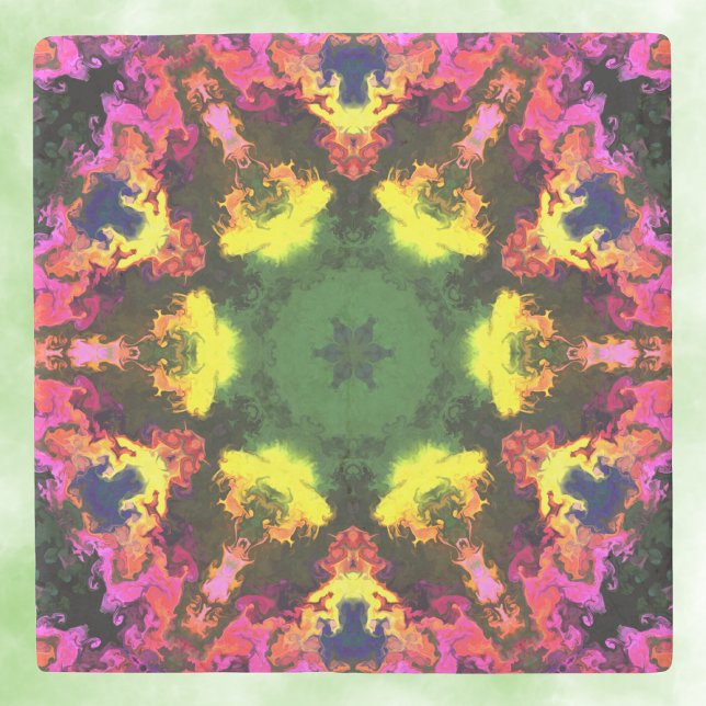 Psychedelic Mandala Flower Rosa Gult and Grönt Stenunderlägg (Skapare uppladdad)