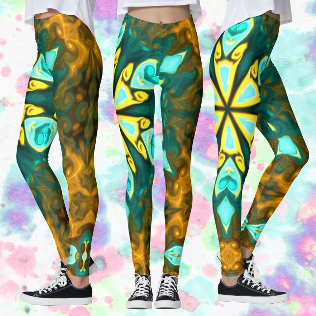 Psychedelic Mandala Flower Teal and Gult Leggings (Skapare uppladdad)
