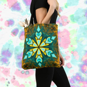 Psychedelic Mandala Flower Teal and Gult Tygkasse