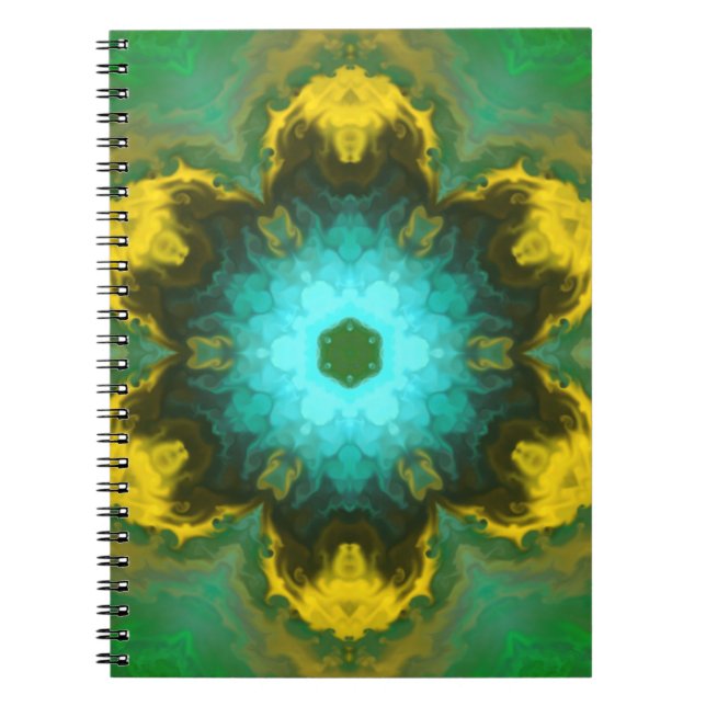 Psychedelic Mandala Flower Teal Gult och Grönt Anteckningsbok (Framsidan)