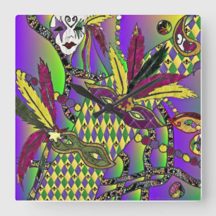 Psychedelic Mardi Gras Feather Mask Clock Fyrkantig Klocka