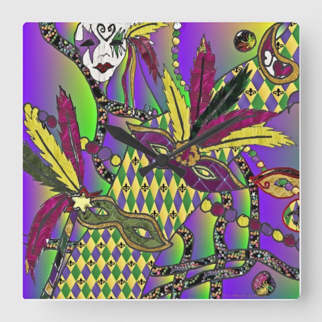 Psychedelic Mardi Gras Feather Mask Clock Fyrkantig Klocka (Framsida)