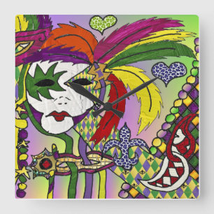 Psychedelic Mardi Gras Feather Mask II Clock Fyrkantig Klocka