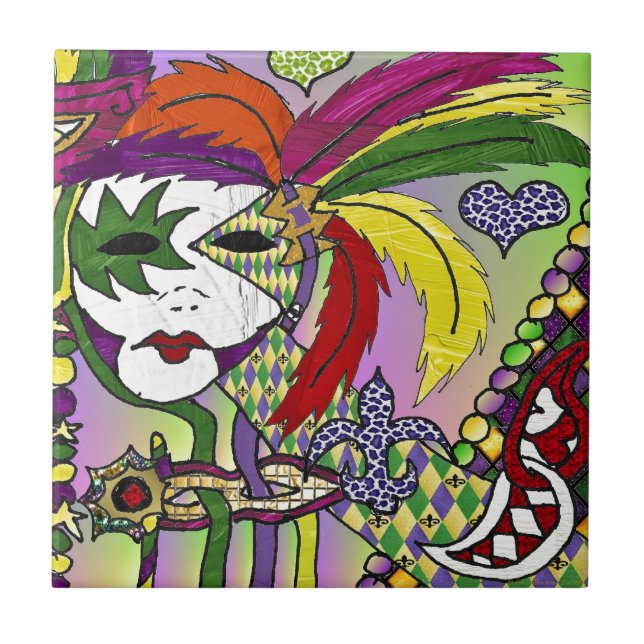 Psychedelic Mardi Gras Feather Mask Kakelplatta (Framsidan)