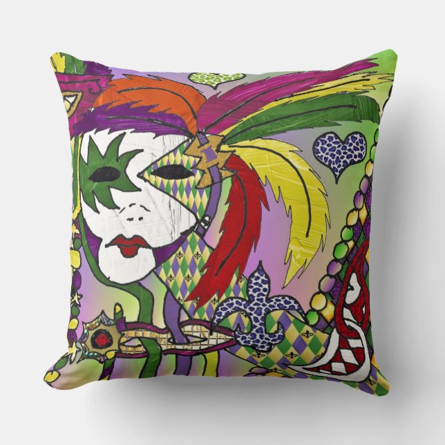 Psychedelic Mardi Gras Feather Mask Kudde (Framsida)