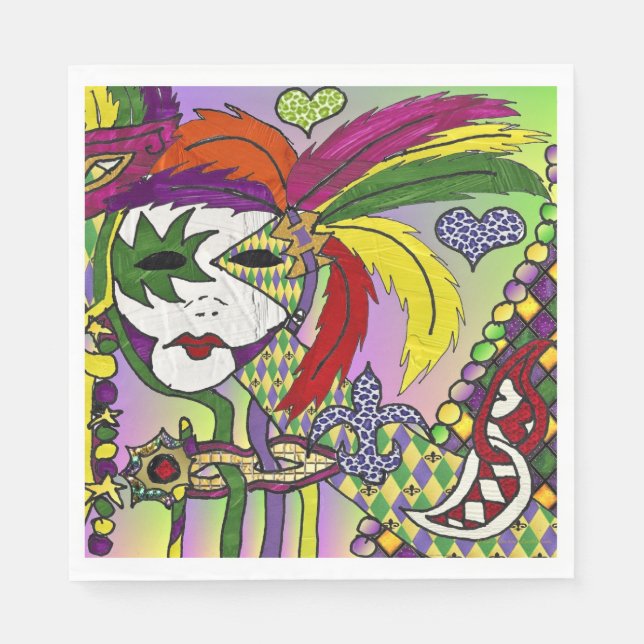Psychedelic Mardi Gras Feather Mask Pappersservett (Framsidan)
