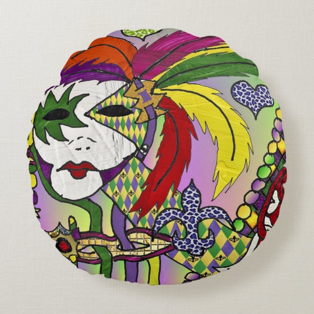 Psychedelic Mardi Gras Feather Mask Rund Kudde (Framsidan)