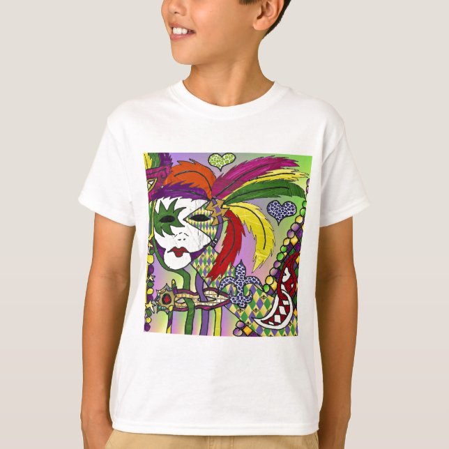 Psychedelic Mardi Gras Feather Mask T-shirt (Framsida)