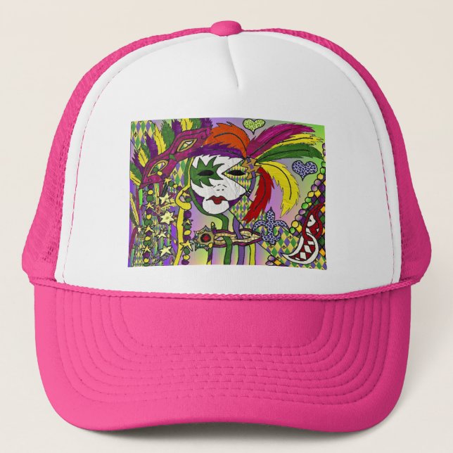 Psychedelic Mardi Gras Feather Mask Truckerkeps (Framsida)
