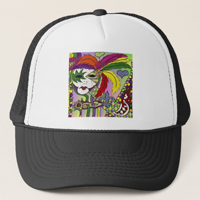 Psychedelic Mardi Gras Feather Mask Truckerkeps (Framsida)