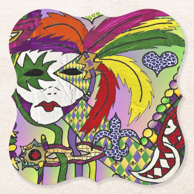 Psychedelic Mardi Gras Feather Mask Underlägg Papper (Framsida)