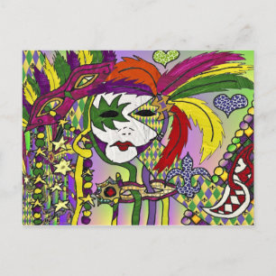 Psychedelic Mardi Gras Feather Mask Vykort