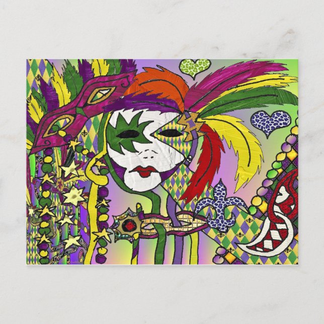Psychedelic Mardi Gras Feather Mask Vykort (Framsida)