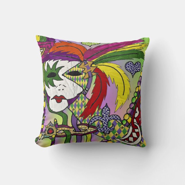 Psychedelic Mardi Gras Feather Masks Dekorativ kud Kudde (Framsida)