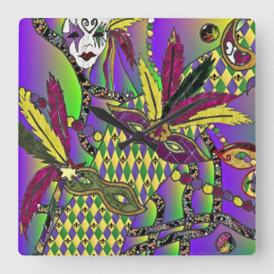 Psychedelic Mardi Gras Feather Masks Fyrkantig Klocka