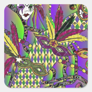 Psychedelic Mardi Gras Feather Masks Fyrkantigt Klistermärke