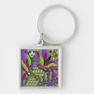 Psychedelic Mardi Gras Feather Masks Gifts Apparat Fyrkantig Silverfärgad Nyckelring
