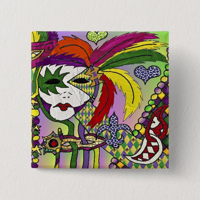 Psychedelic Mardi Gras Feather Masks Gifts Apparat Knapp (Framsida)