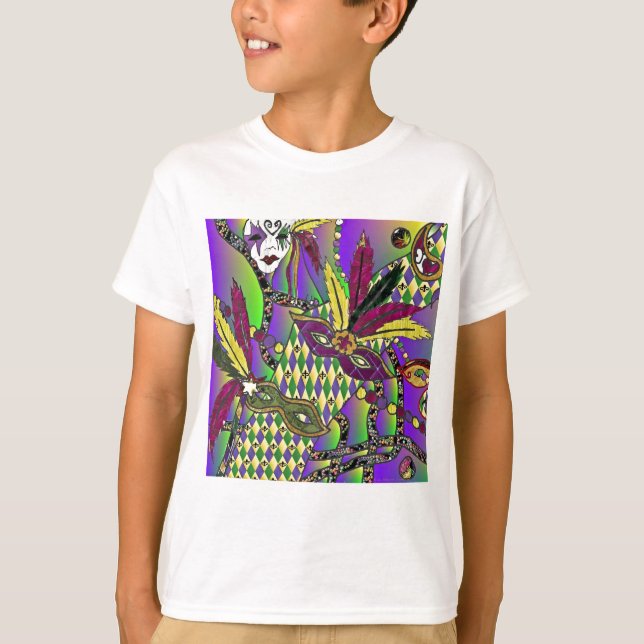 Psychedelic Mardi Gras Feather Masks T Shirt (Framsida)