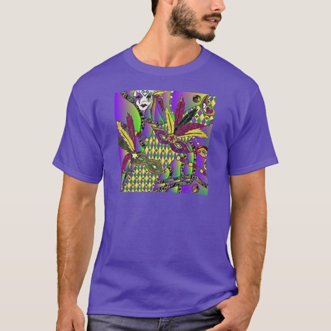 Psychedelic Mardi Gras Feather Masks Tee Shirt (Framsida)