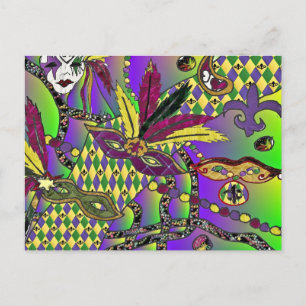 Psychedelic Mardi Gras Feather Masks Vykort